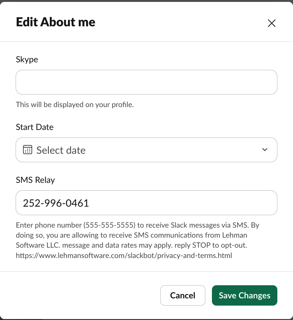 Screenshot showing the SMS Relay opt-in field in Slack profile settings